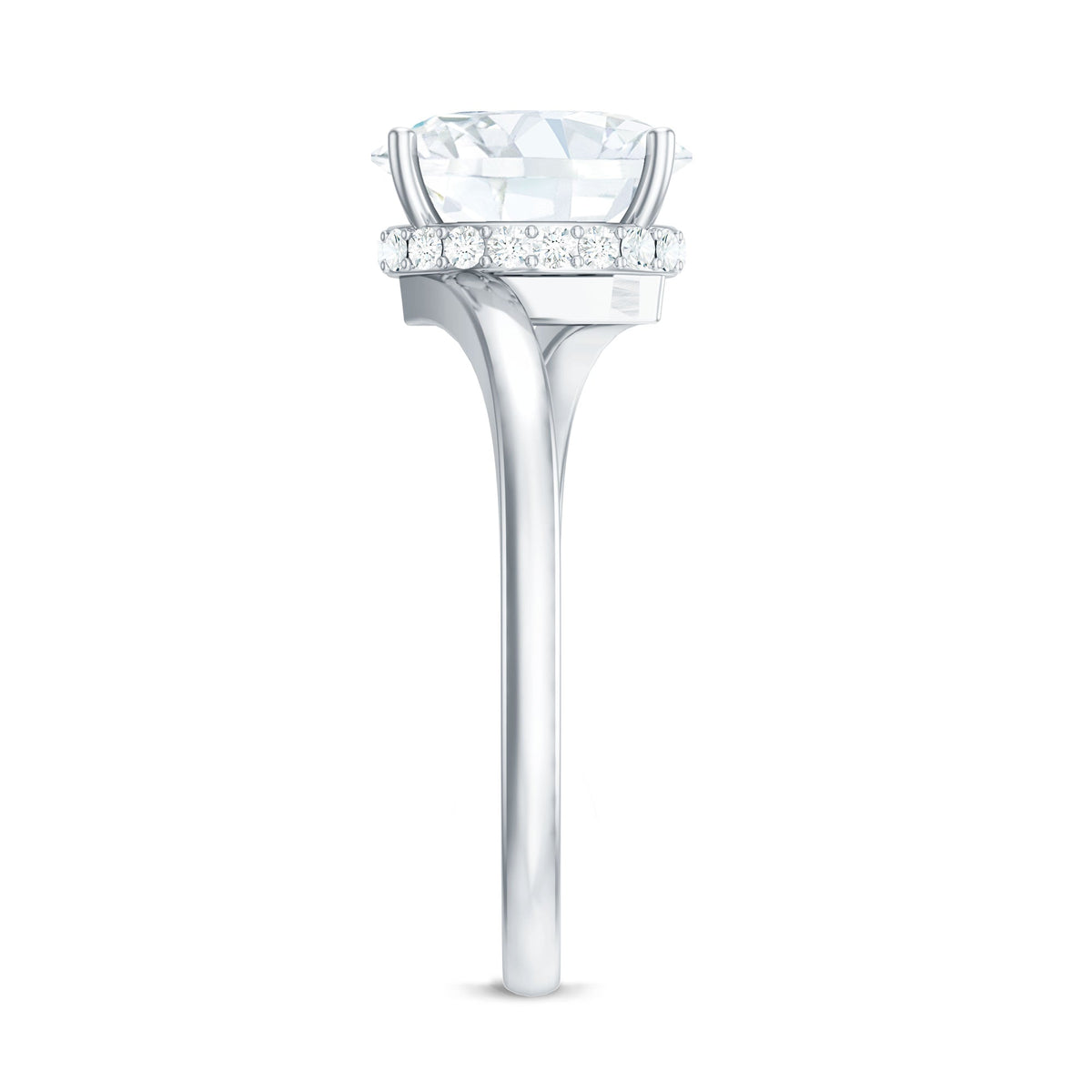 Oval cut solitaire moissanite bypass engagement ring by Rosec Jewels with a sleek, modern design and polished metal band.