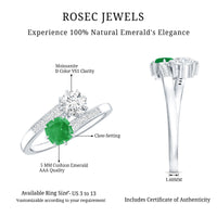 Emerald and Moissanite Two Stone Engagement Ring in Bypass Shank