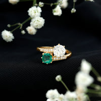 Emerald and Moissanite Two Stone Engagement Ring in Bypass Shank