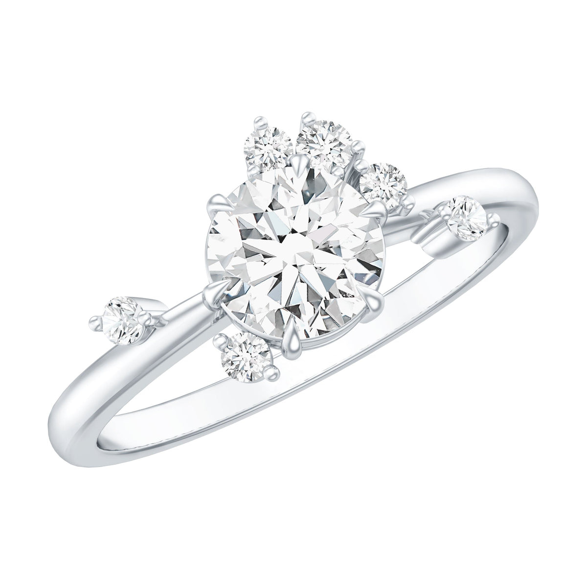 Round cut scatter moissanite engagement ring by Rosec Jewels featuring a unique design with sparkling stones set in a sleek band.