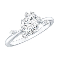 Round cut scatter moissanite engagement ring by Rosec Jewels featuring a unique design with sparkling stones set in a sleek band.