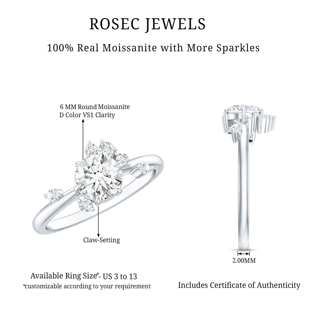 Round cut scatter moissanite engagement ring by Rosec Jewels featuring a unique design and sparkling gemstones.