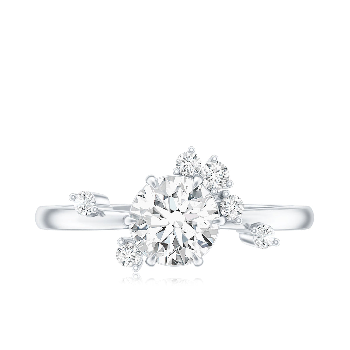 Round cut scatter moissanite engagement ring by Rosec Jewels featuring a unique design with sparkling stones on a sleek band.