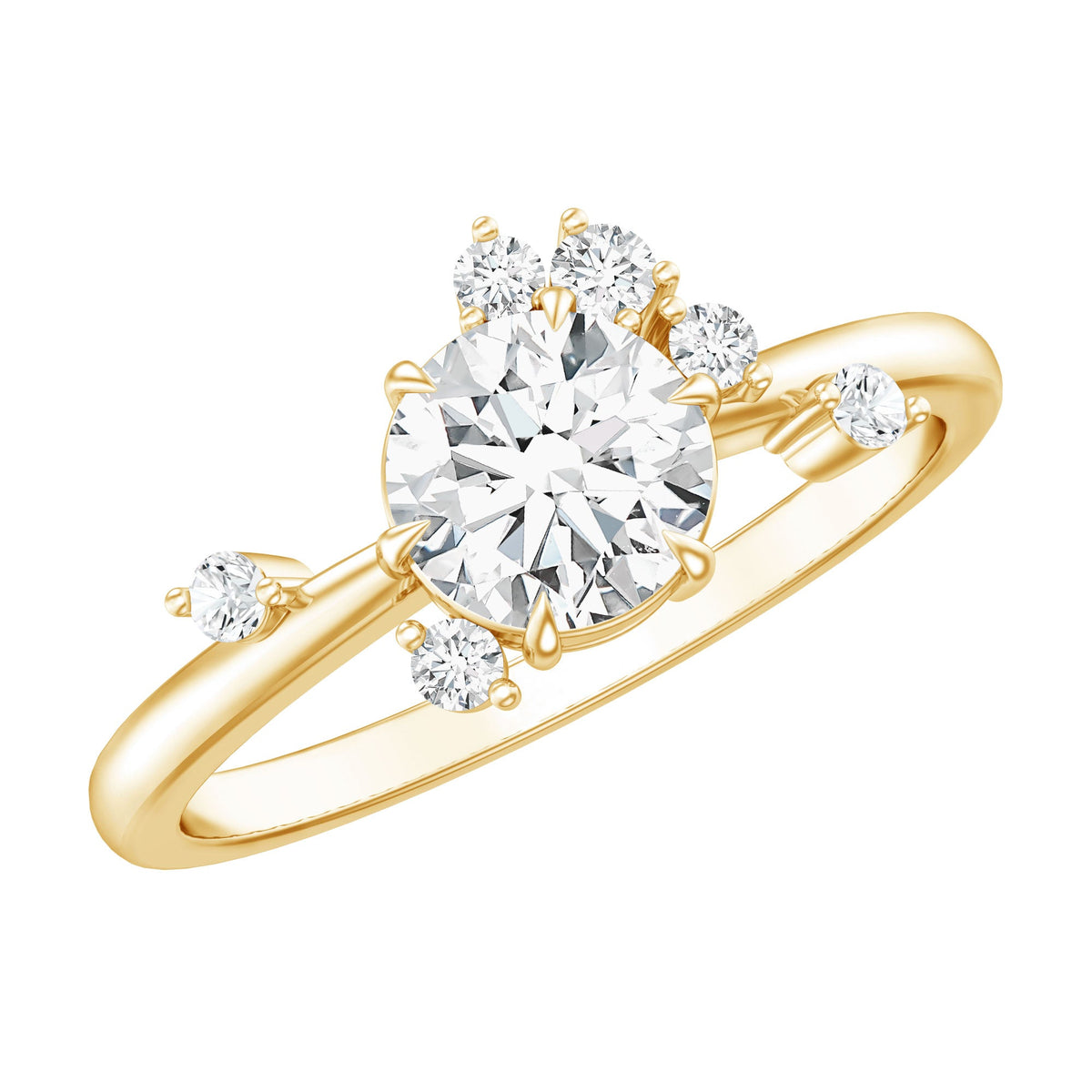 Round cut scatter moissanite engagement ring by Rosec Jewels featuring a unique design with sparkling stones on a sleek band.