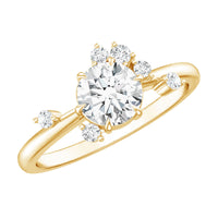 Round cut scatter moissanite engagement ring by Rosec Jewels featuring a unique design with sparkling stones on a sleek band.