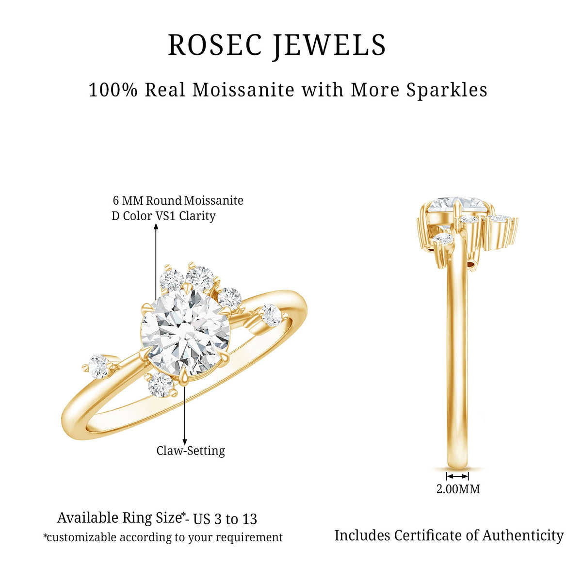 Round cut scatter moissanite engagement ring by Rosec Jewels featuring a unique design and sparkling gemstones.