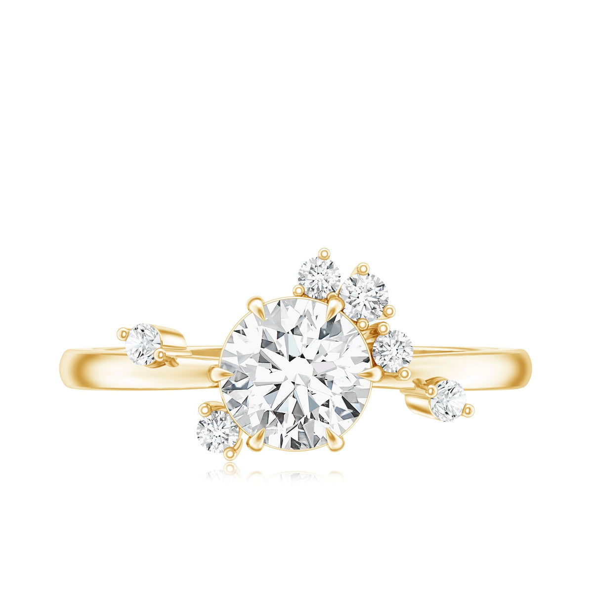 Round cut scatter moissanite engagement ring by Rosec Jewels featuring a unique design and sparkling stone accents.