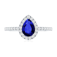 Certified 1.6 Carat Lab Grown Blue Sapphire Teardrop Engagement Ring with Diamond Halo