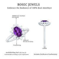 Oval Amethyst Floral Halo Engagement Ring with Diamond
