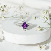 Oval Amethyst Floral Halo Engagement Ring with Diamond