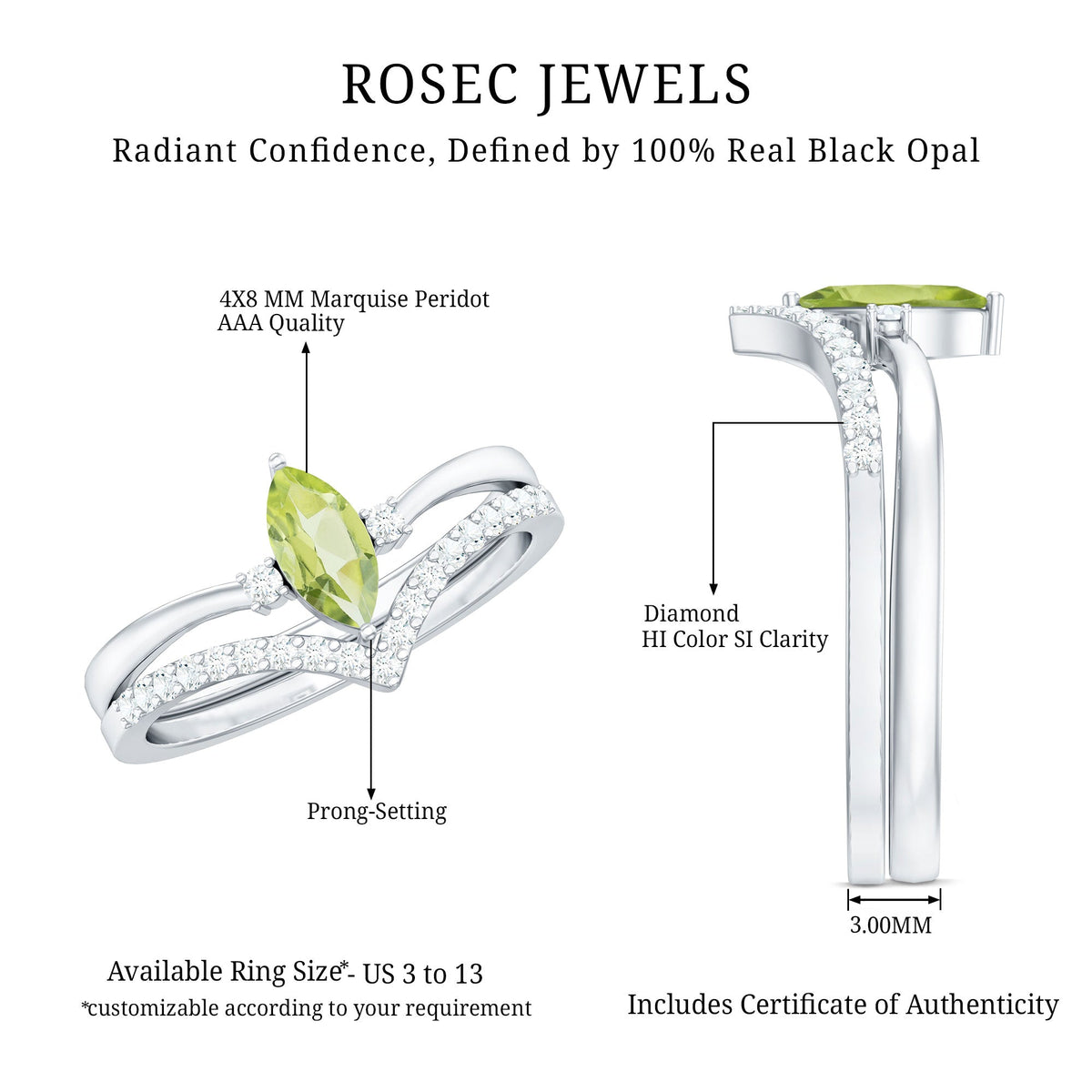 Marquise cut Peridot solitaire wedding ring set with diamond accents from Rosec Jewels, featuring a stunning green gemstone and elegant design.