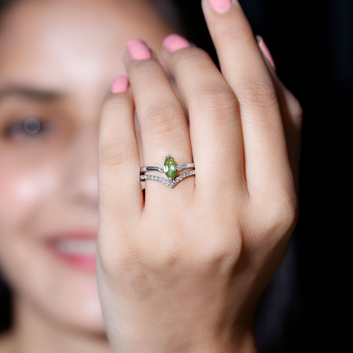 Marquise cut peridot solitaire wedding ring set with diamond accents, featuring a silver band and elegant design by Rosec Jewels