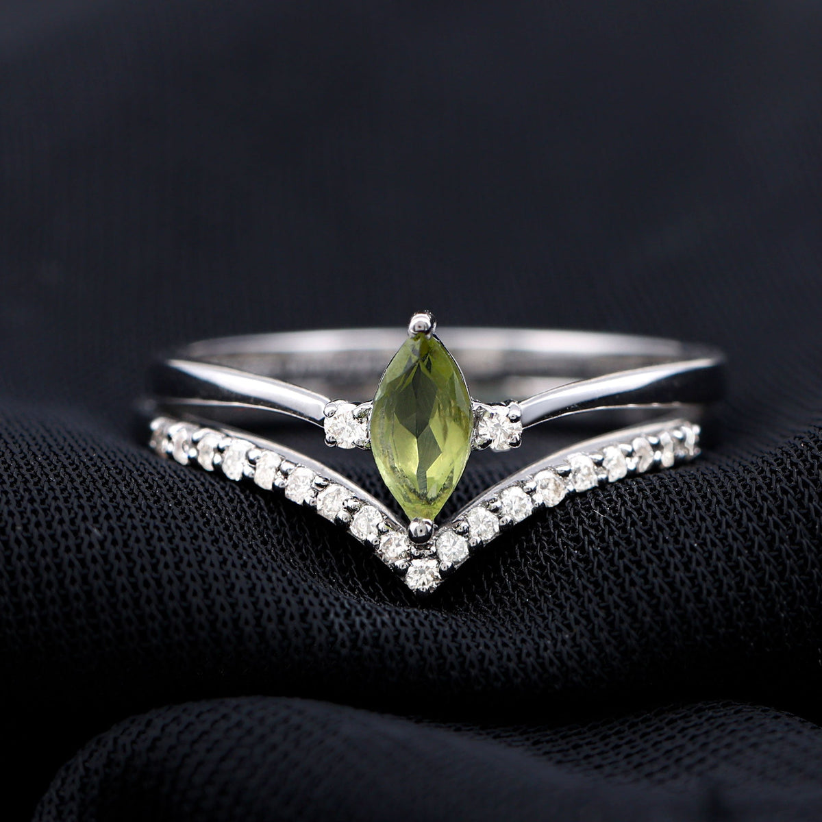 Marquise cut peridot solitaire wedding ring set with diamond accents, featuring Rosec Jewels' elegant ring design.