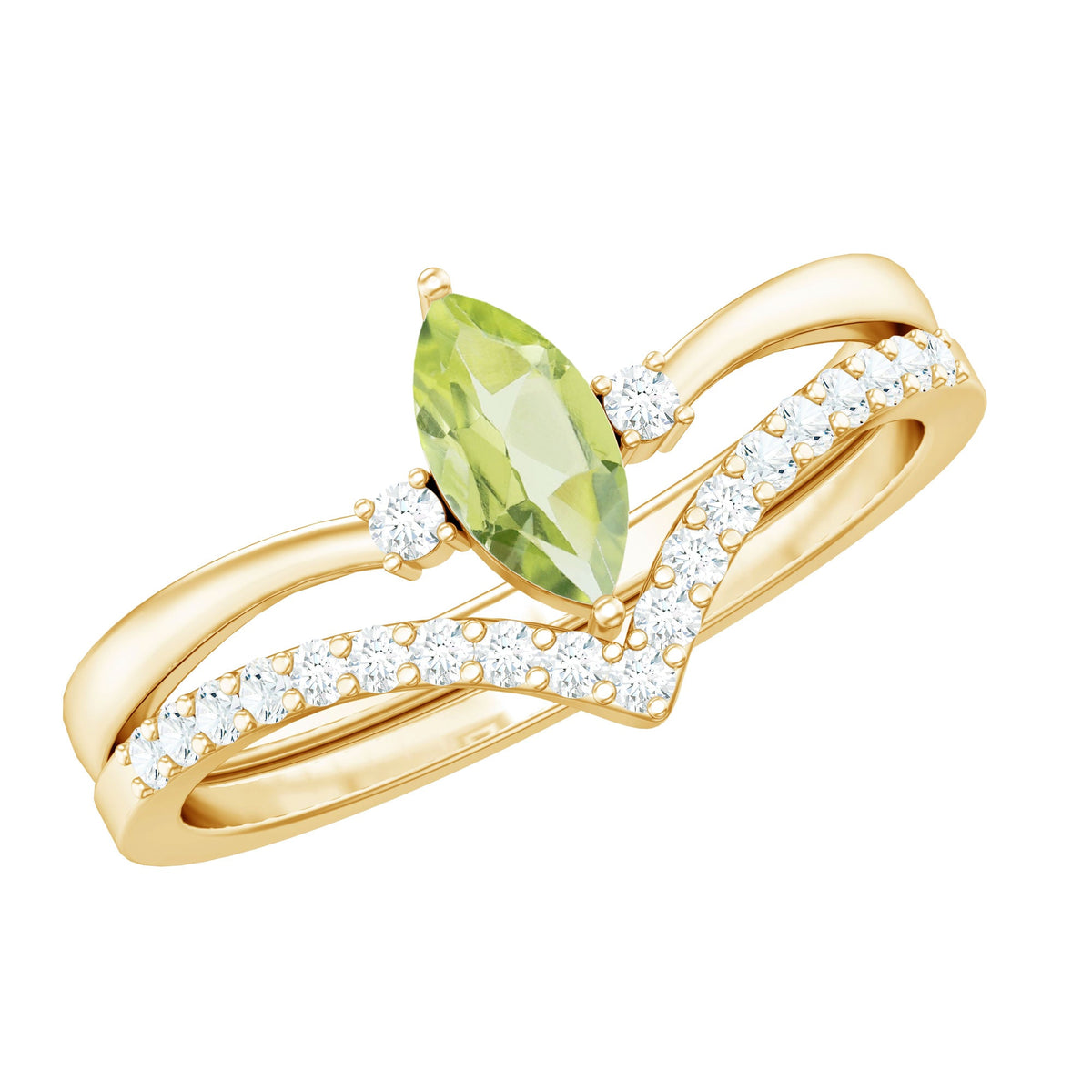 Marquise cut Peridot solitaire wedding ring set with diamond accents, elegant Rosec Jewels rings showcasing green gemstones and sparkling details.
