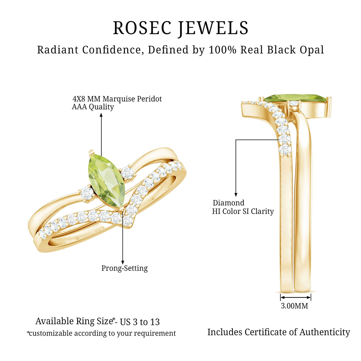 Rosec Jewels marquise cut peridot solitaire wedding ring set with diamond accents, showcasing the detailed ring design.