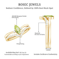 Rosec Jewels marquise cut peridot solitaire wedding ring set with diamond accents, showcasing the detailed ring design.