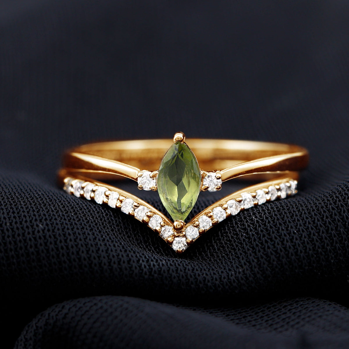 Marquise cut Peridot solitaire wedding ring set with diamond accents, featuring a rose gold band and elegant design by Rosec Jewels.