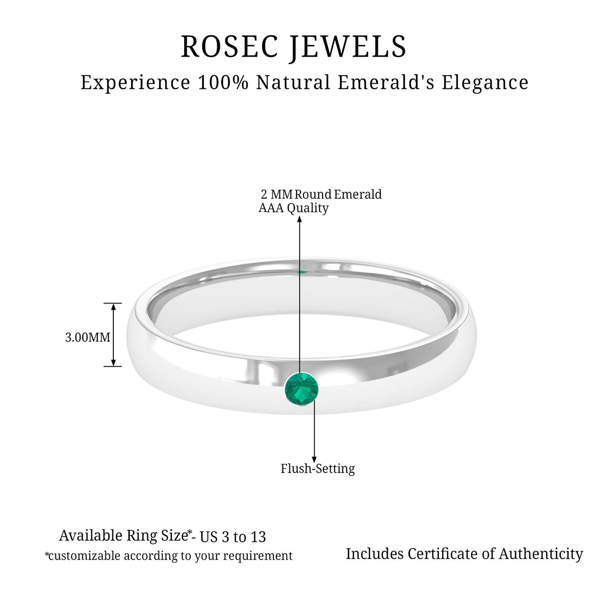 Natural May birthstone emerald band ring by Rosec Jewels featuring a green emerald gemstone set in a sleek ring design.