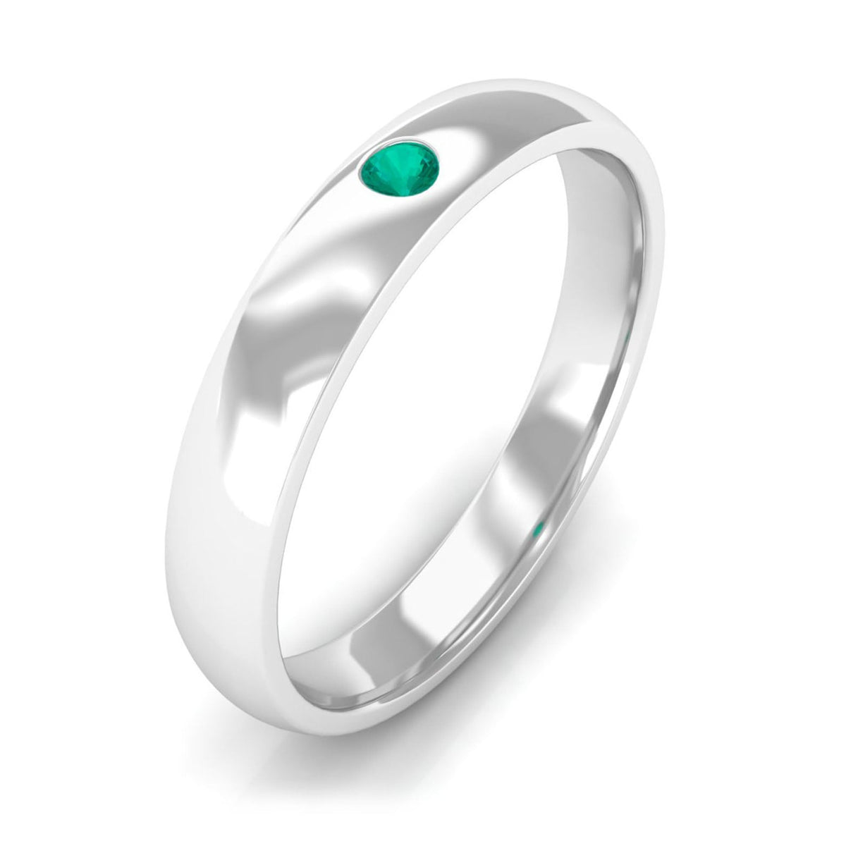 Silver May birthstone emerald band ring from Rosec Jewels featuring a vibrant emerald gemstone on a sleek silver band.