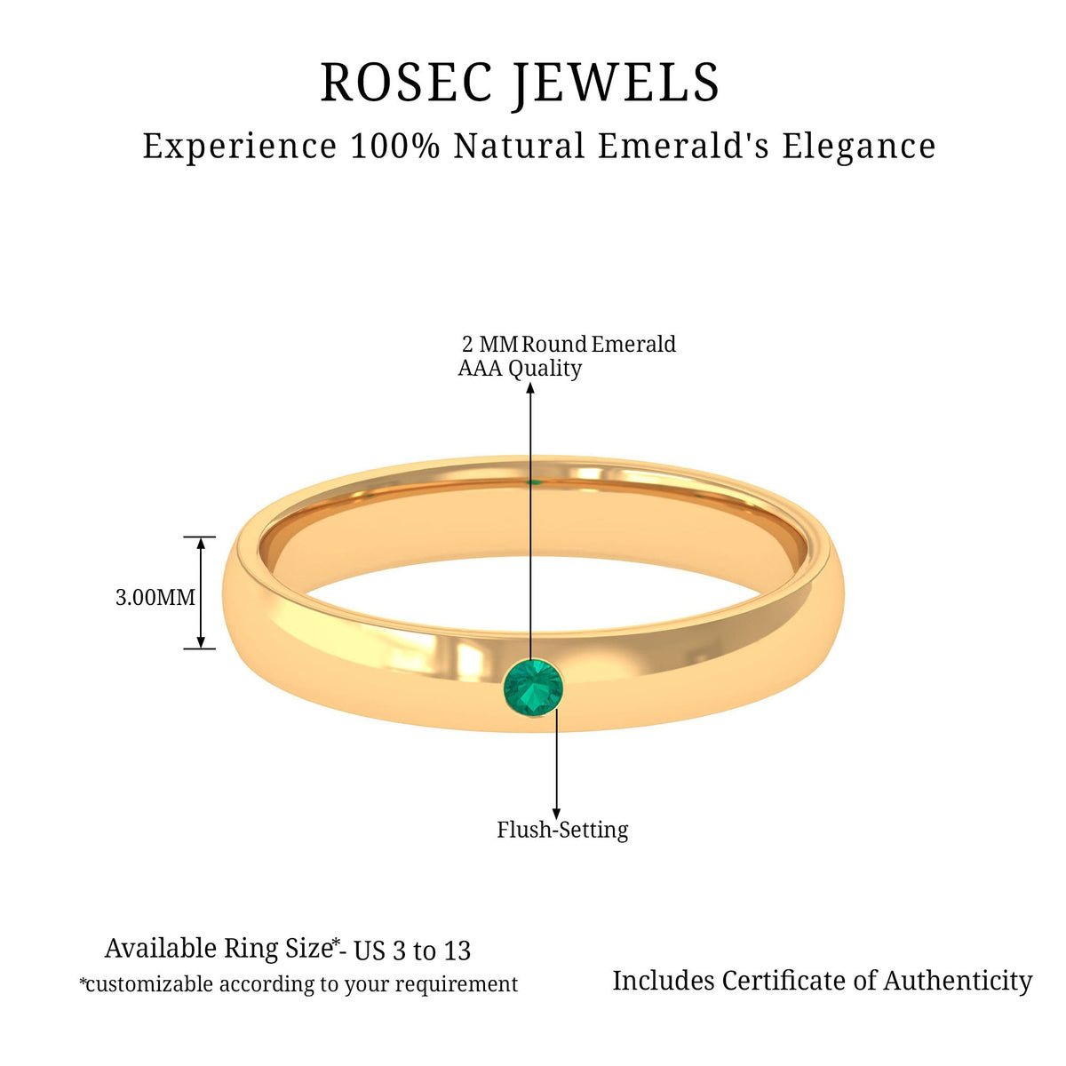 Natural May birthstone emerald band ring from Rosec Jewels featuring a polished green emerald set in a sleek gold band.