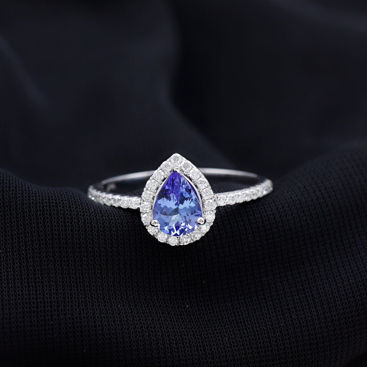 Real Pear Shape Tanzanite Teardrop Engagement Ring with Diamond Halo