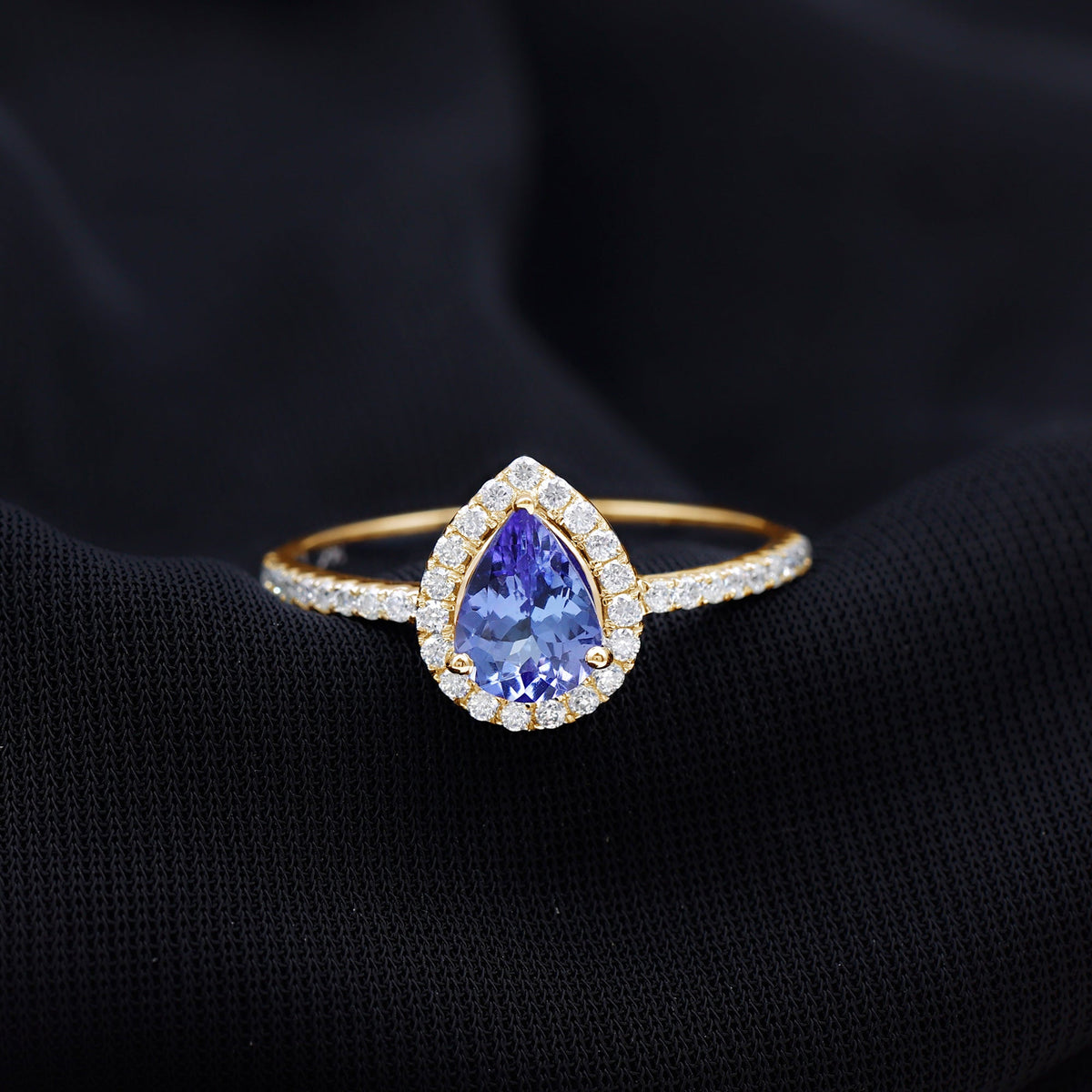 Real Pear Shape Tanzanite Teardrop Engagement Ring with Diamond Halo