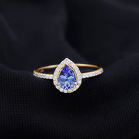 Real Pear Shape Tanzanite Teardrop Engagement Ring with Diamond Halo