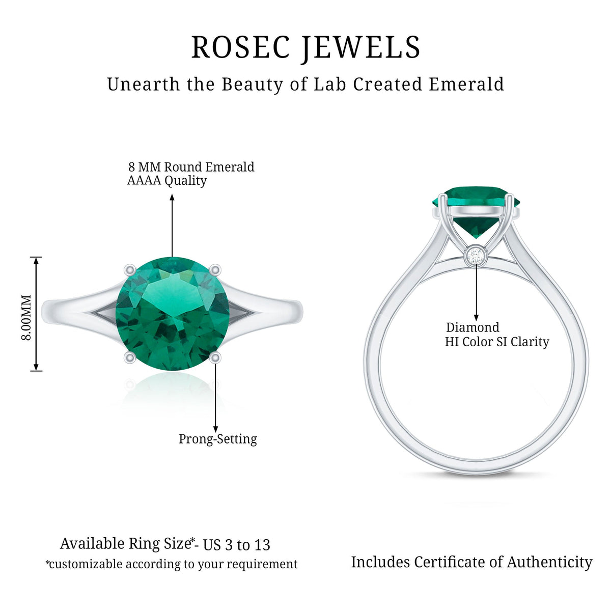 Certified 8 mm Lab Grown Emerald Engagement Ring with Diamond