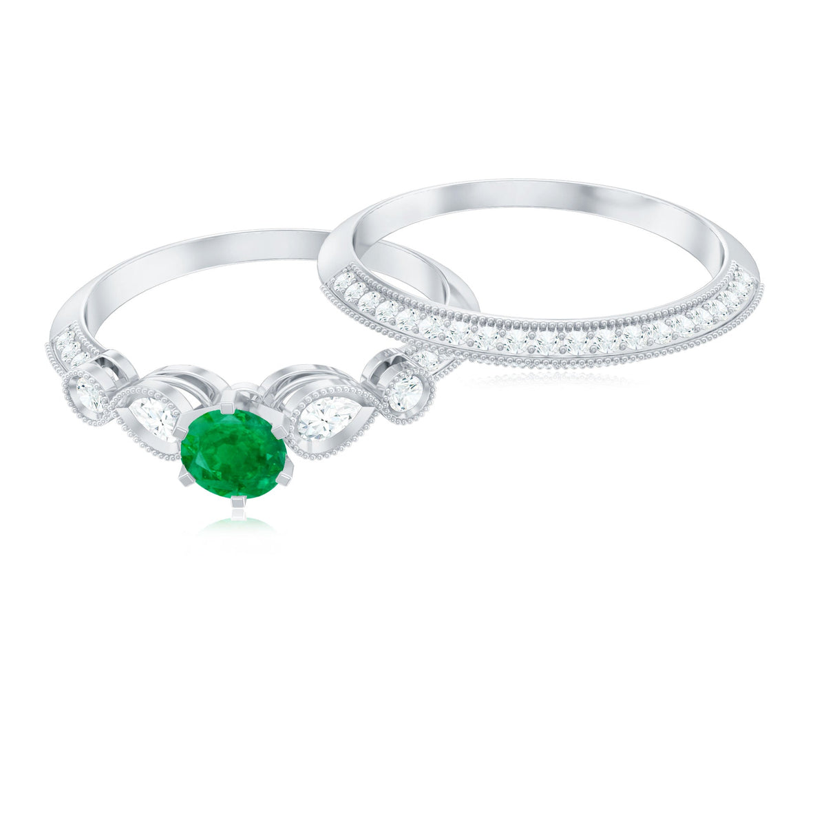 Vintage Looking Emerald Diamond Engagement Wedding Ring Set of 2