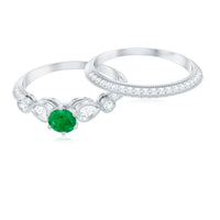 Vintage Looking Emerald Diamond Engagement Wedding Ring Set of 2