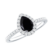 1 Carat Pear Shaped Black Onyx Engagement Ring with Real Diamond Halo