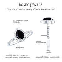 1 Carat Pear Shaped Black Onyx Engagement Ring with Real Diamond Halo