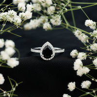 1 Carat Pear Shaped Black Onyx Engagement Ring with Real Diamond Halo