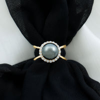 7.5 Carat Black Pearl Criss Cross Engagement Ring with Diamond Halo