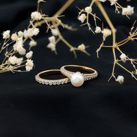 Cultured Freshwater Pearl Wedding Bridal Ring Set with Moissanite
