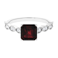 Real 8mm Asscher Cut Garnet Engagement Ring with Diamond