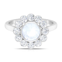 Bezel Set Moonstone Statement Engagement Ring with Diamond Halo