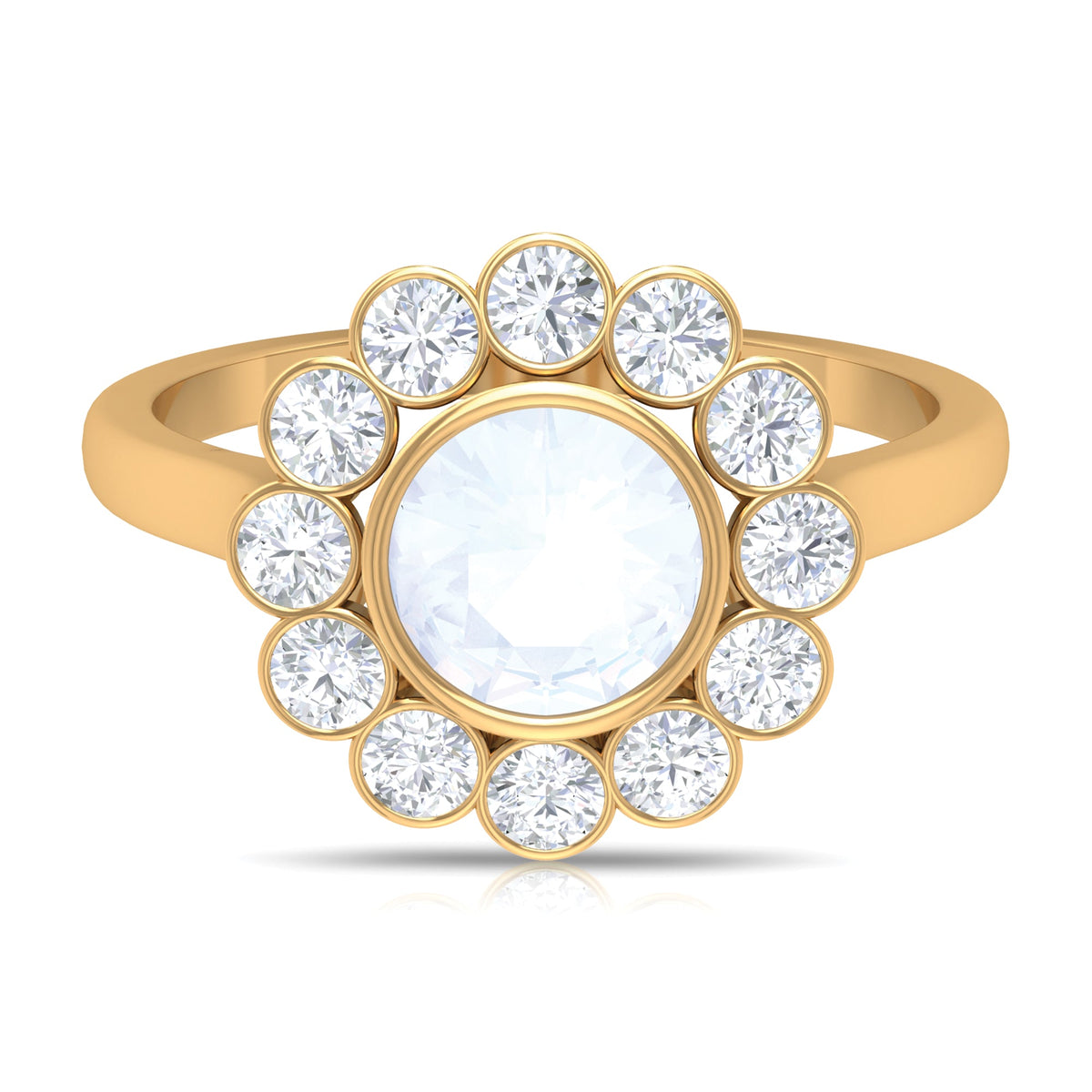 Bezel Set Moonstone Statement Engagement Ring with Diamond Halo
