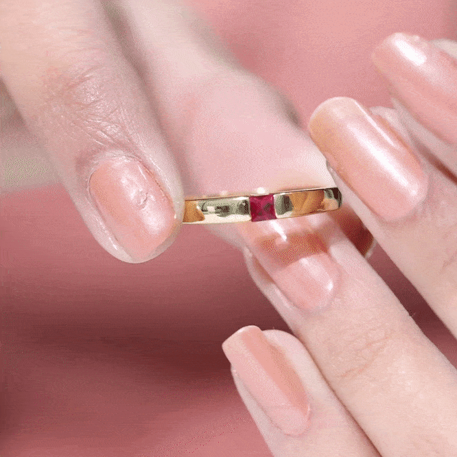 Yellow gold princess cut created ruby solitaire promise ring by Rosec Jewels with a central ruby gemstone.