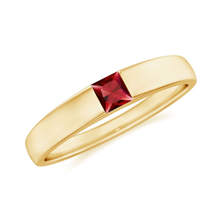 Princess cut created ruby solitaire promise ring by Rosec Jewels featuring a central ruby gemstone set in a sleek ring band.