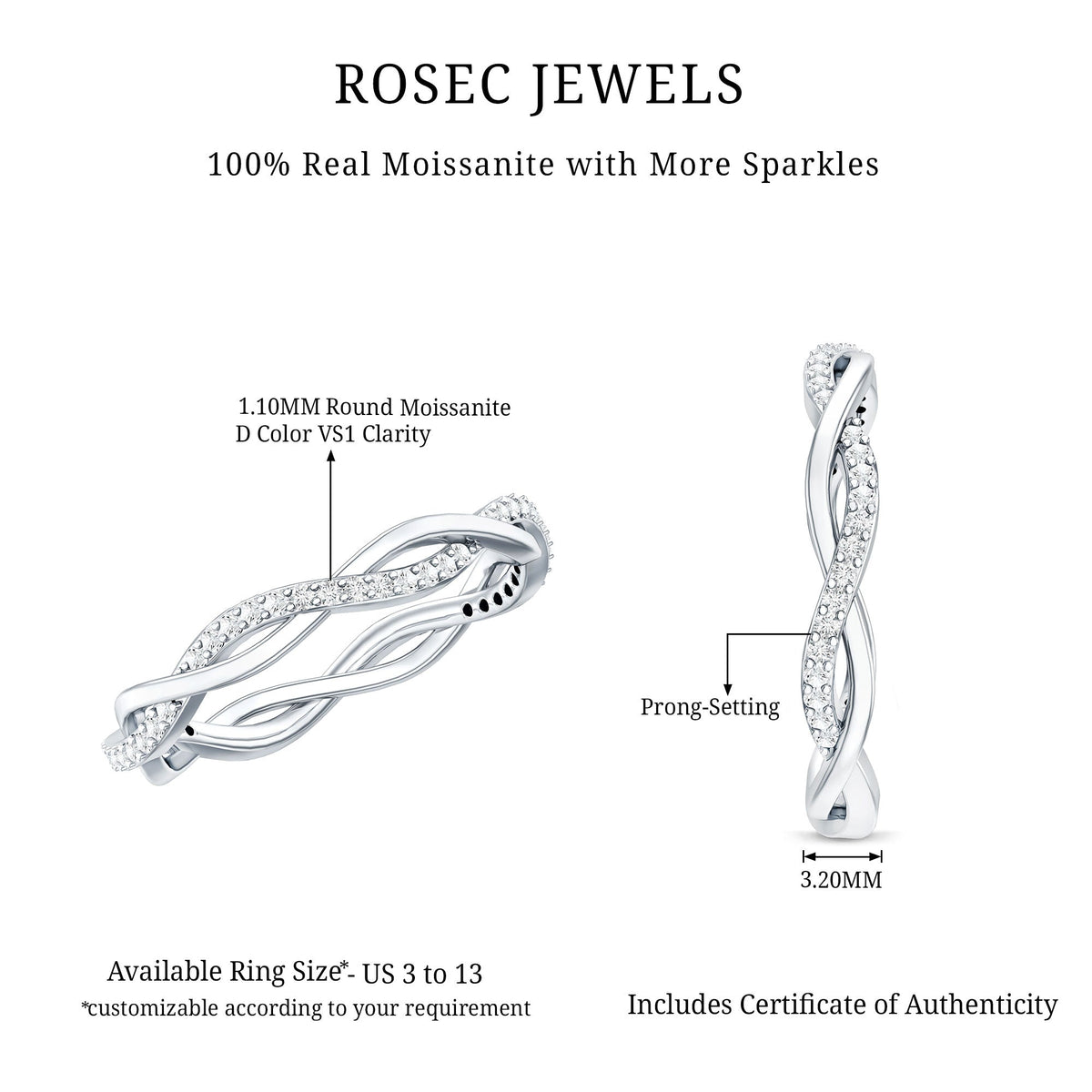 Rosec Jewels certified moissanite infinity eternity band ring with sparkling stones and polished metal finish.
