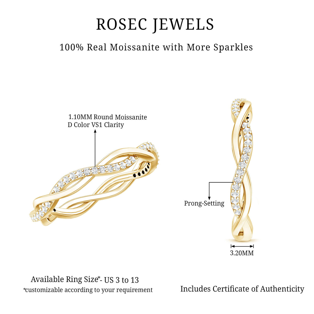 Certified Moissanite infinity eternity band ring with sparkling stones, crafted by Rosec Jewels, showcasing a sleek and elegant design.