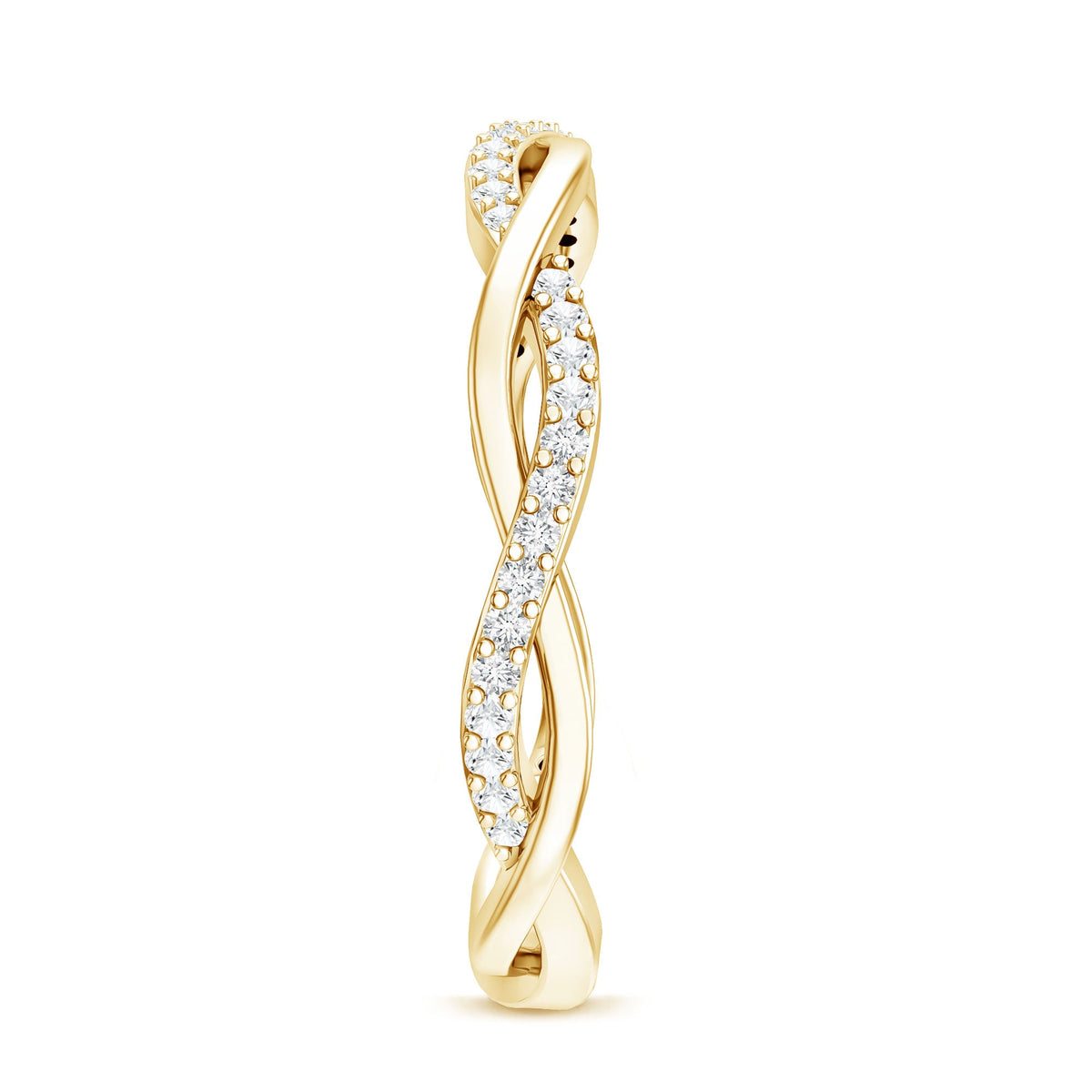 Rosec Jewels certified moissanite infinity eternity band ring with sparkling stones on a silver metal band.