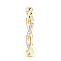 Rosec Jewels certified moissanite infinity eternity band ring with sparkling stones on a silver metal band.