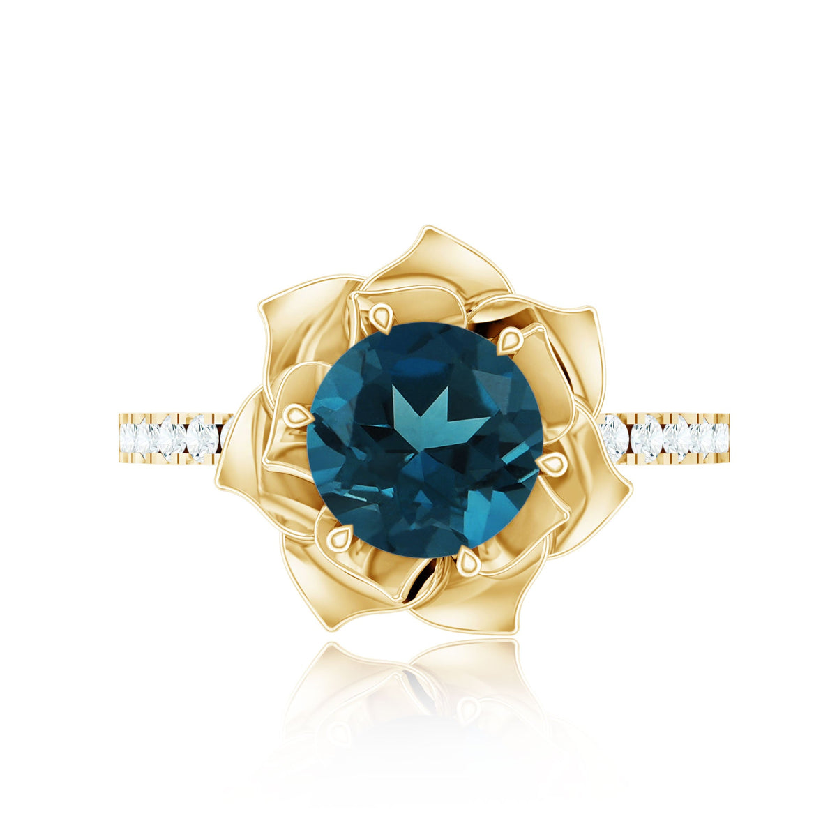 Rose Flower Engagement Ring with London Blue Topaz and Diamond