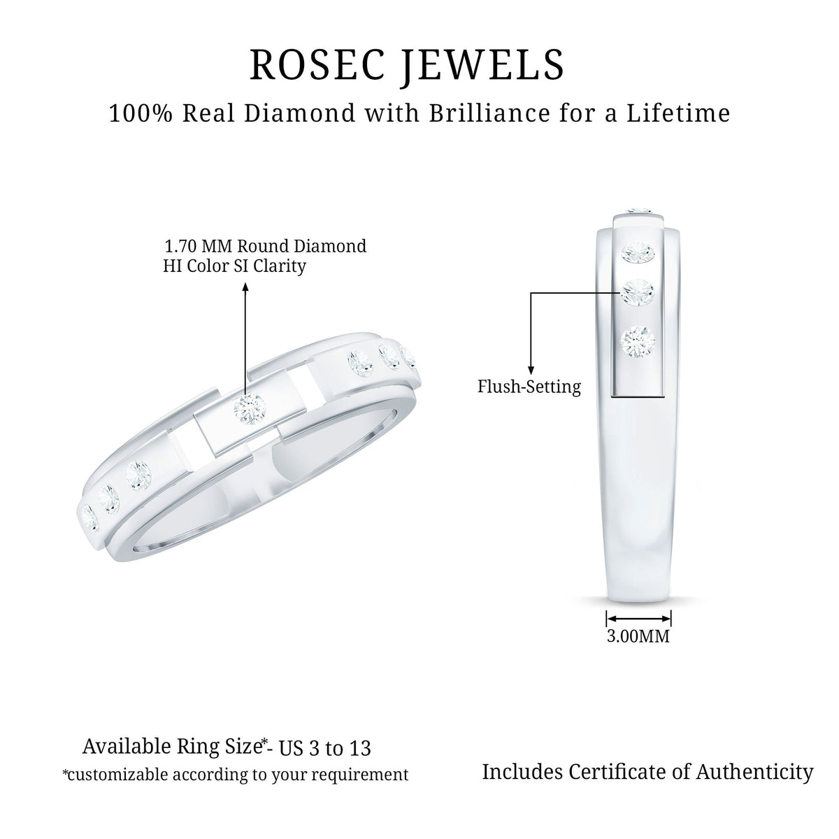 Natural diamond men's wedding band by Rosec Jewels, close-up of the sleek ring with embedded diamonds and polished finish.