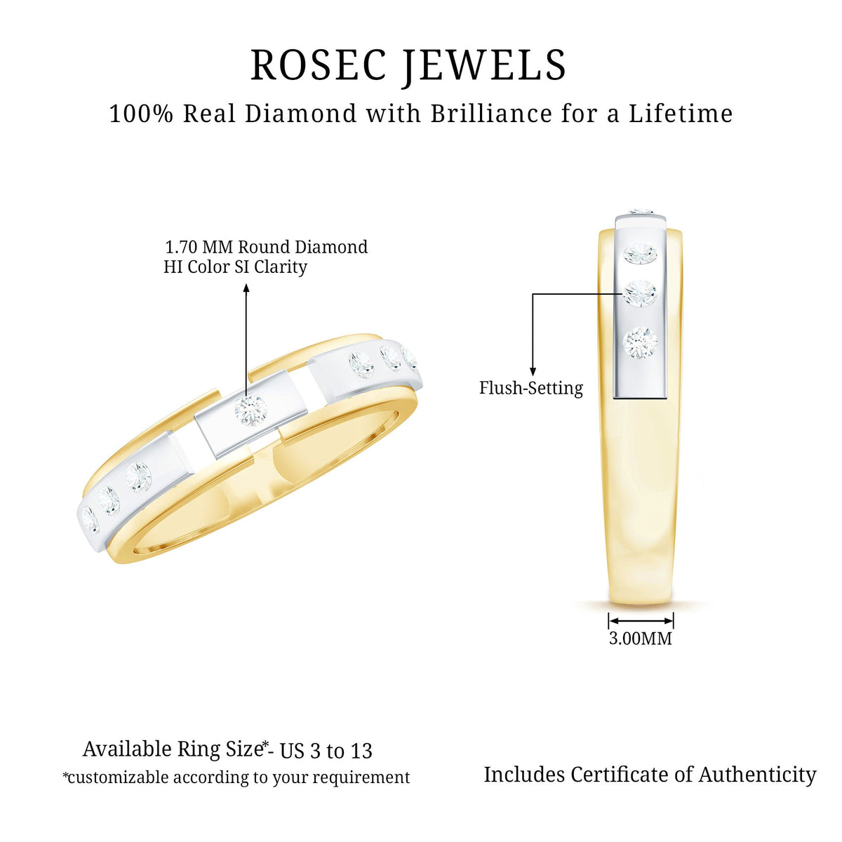 Natural diamond men's wedding band by Rosec Jewels featuring a sleek, polished silver ring with embedded sparkling diamonds.