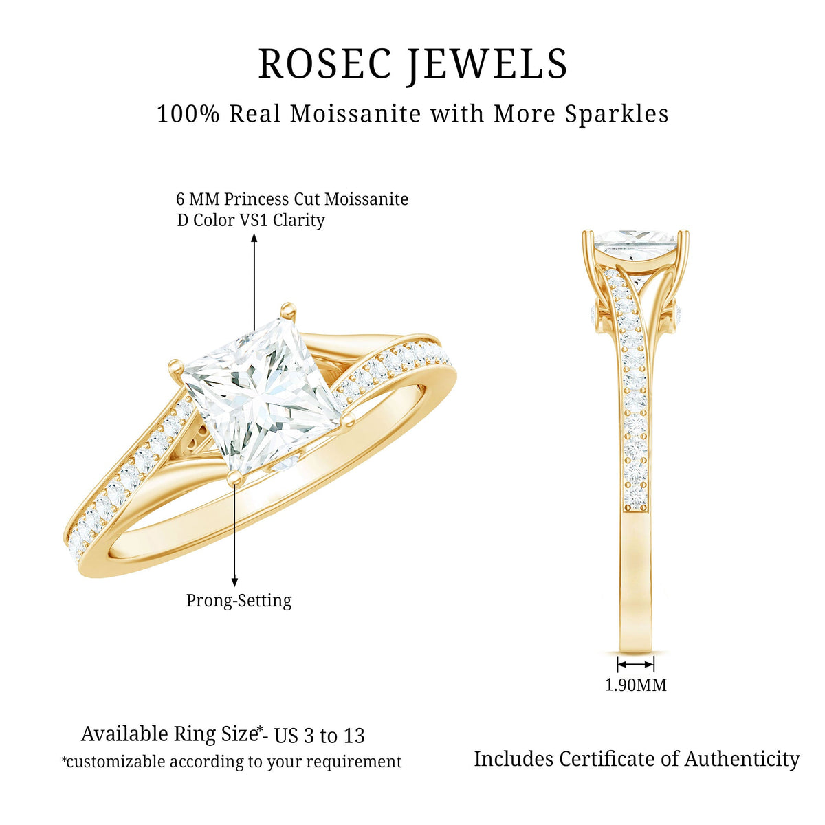 Certified Princess Cut Moissanite Engagement Ring With Split Shank