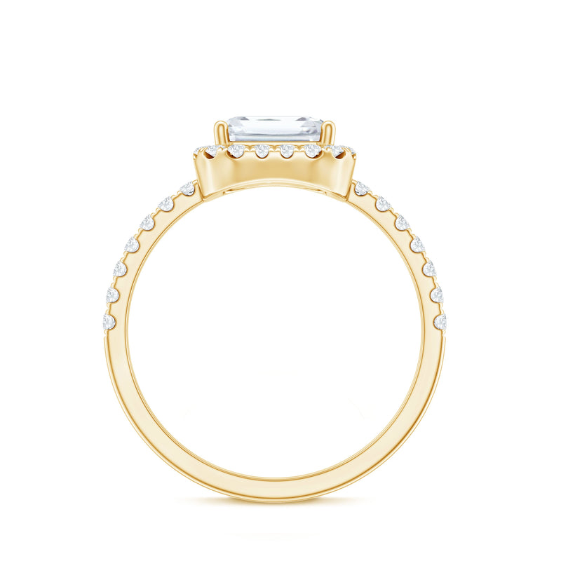 Certified Moissanite emerald cut engagement ring with halo setting by Rosec Jewels, showcasing a sparkling central stone and elegant design.