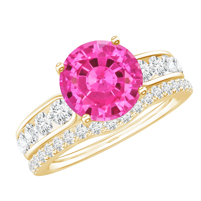 Lab grown pink sapphire solitaire bridal ring set with two 2.25 carat pink sapphires and elegant band from Rosec Jewels.